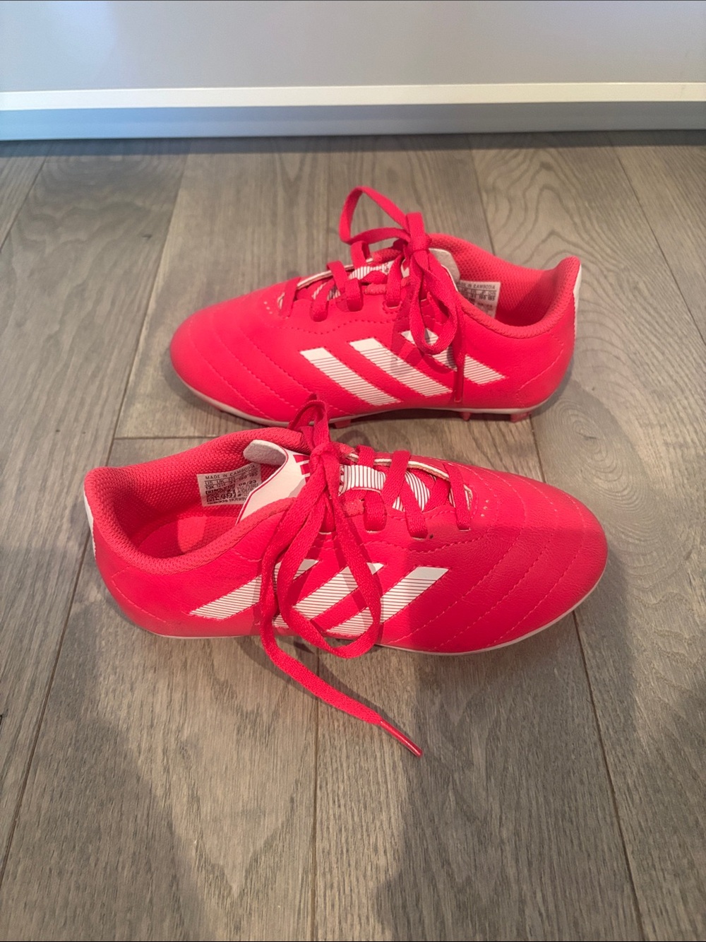 Adidas Kids Bright Pink Soccer Cleats with White Stripes